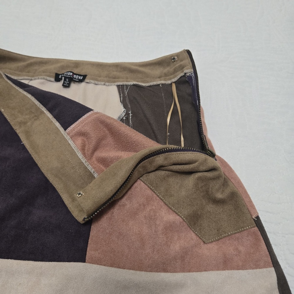 Fashion Nova Faux Suede Patchwork Mini Skirt Beige Pink Purple Hippie 90s Small - Picture 7 of 12
